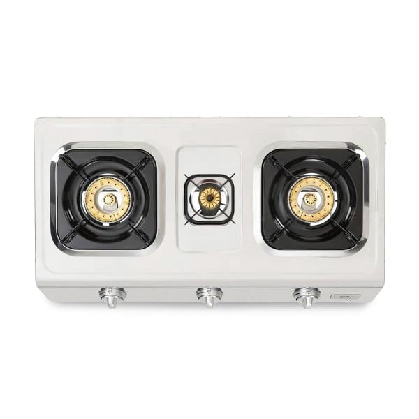 Three-burner gas stove top on a white background