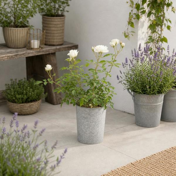 3L White Patio Rose in Decorative Pot Outdoor & Garden Plant