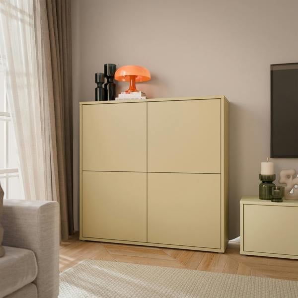 Furniture To Go Alice Springs 4 Door Large Storage Cabinet with Push-to-Open Doors in Butter Yellow