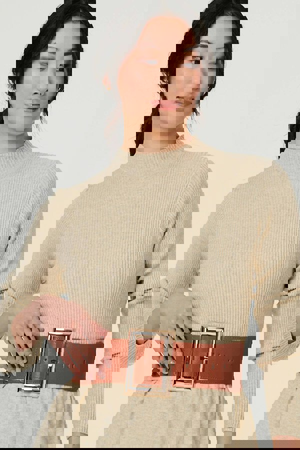 Tan | Rectangle Buckle Stretch Wide Belt
