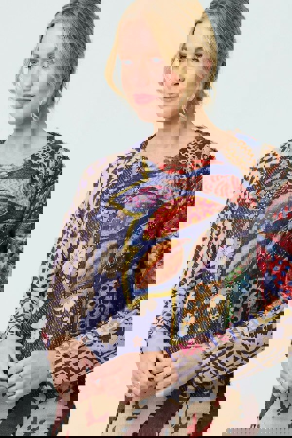 Blue | Leaf Print Drop Shoulder Jumper
