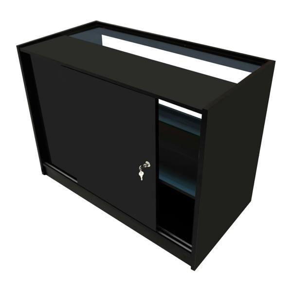 Sleek black Andromeda LED shop counter set with a sliding door, open shelving, and modern design, ideal for retail displays