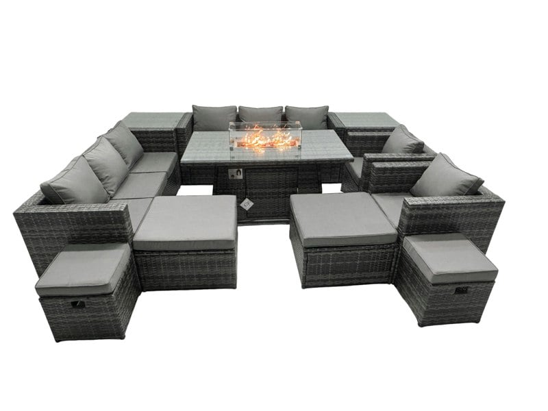 Fimous 12 Seater Rattan Fire Pit Patio Furniture Set with Dining Table, Sofa, Lounge Chairs & Footstools - Dark Grey