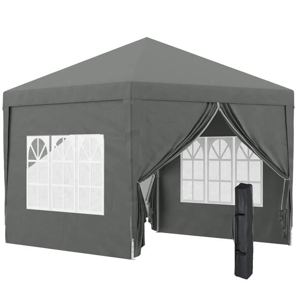Grey pop-up gazebo tent with sidewalls, window panels, and curtained entrance