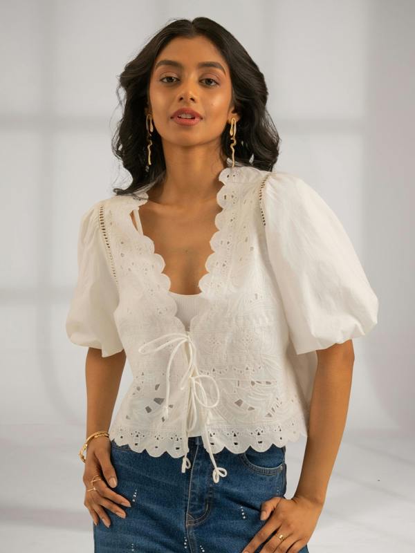 Rose & Nancy Emilie Embroidered White Tie Front Top&nbsp;