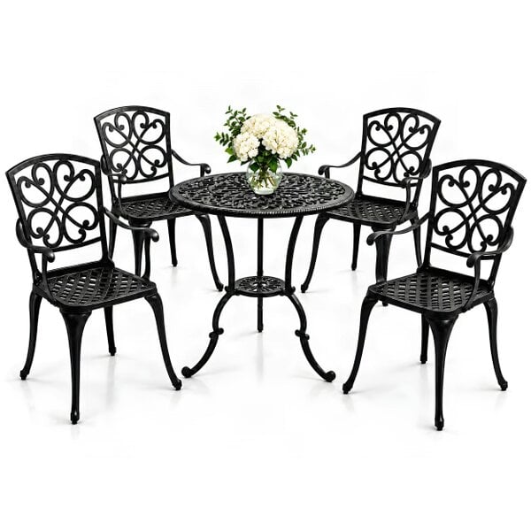Centurion VIVALDI Black 5-Piece Cast Aluminium Garden Bistro Set - Rust-Proof Round Table with Parasol Hole & 4 Large Armchairs - Baroque Design