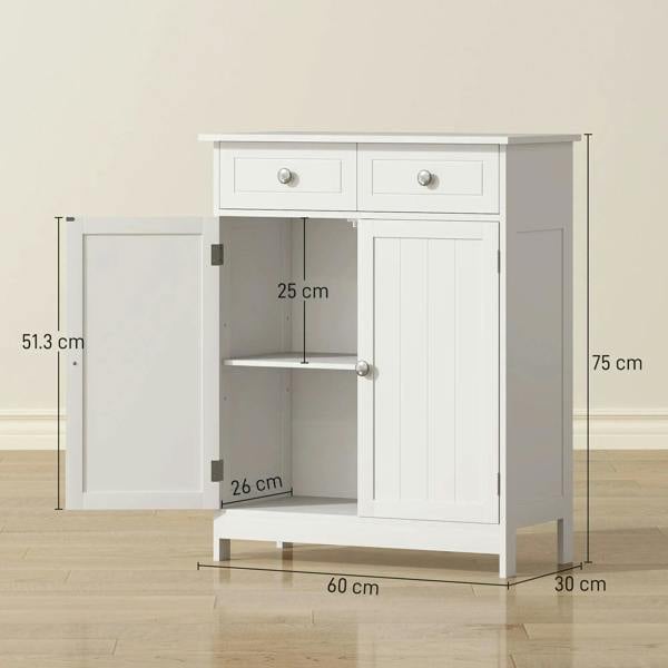 White freestanding cabinet with two drawers and double doors; open compartment with shelf