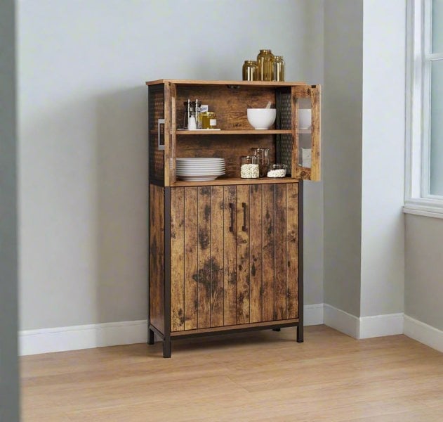 Modcraft Industrial Storage Cabinet with Glass Doors & Adjustable Shelf – Rustic Brown & Black