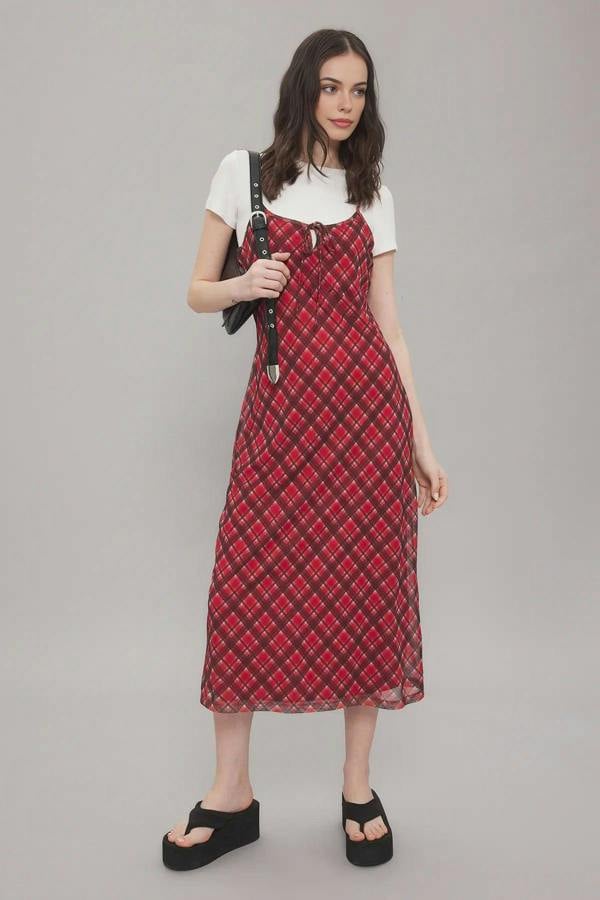 WOVCOR Tie Detail Plaid Tulle Maxi Stretch Knit Dress