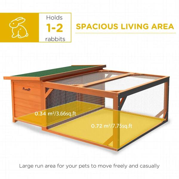 Orange rabbit hutch with spacious run, green turf floor and wire mesh panels