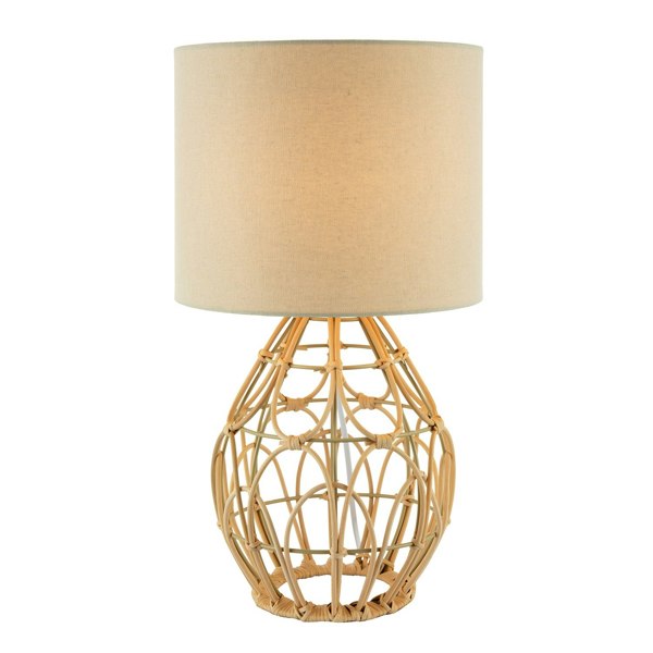 Traditional Vintage Wrapped Rattan Table Lamp with Cream Linen Fabric Shade Image 1