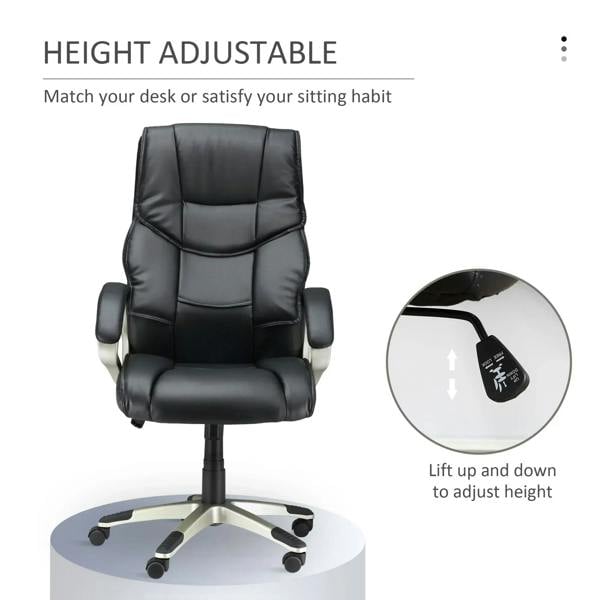 Black faux-leather high-back office chair with armrests and height-adjustment shown