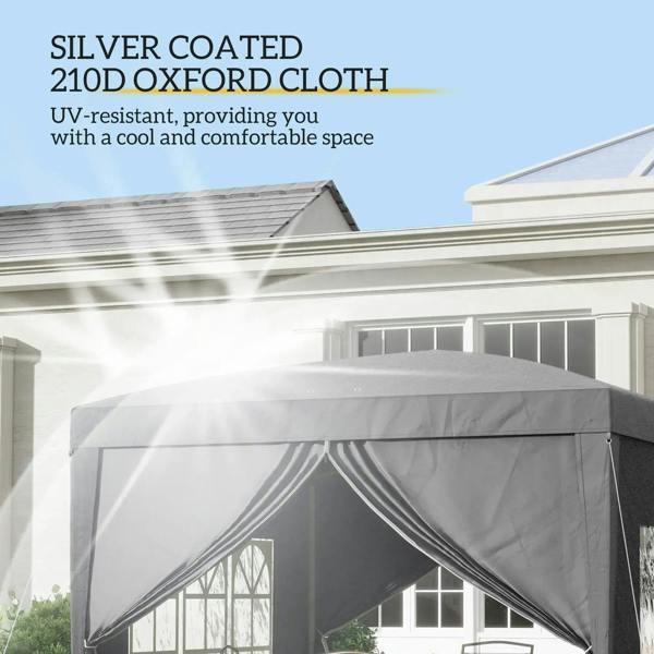 Grey pop-up gazebo tent roof with central valance curtains and window side panels