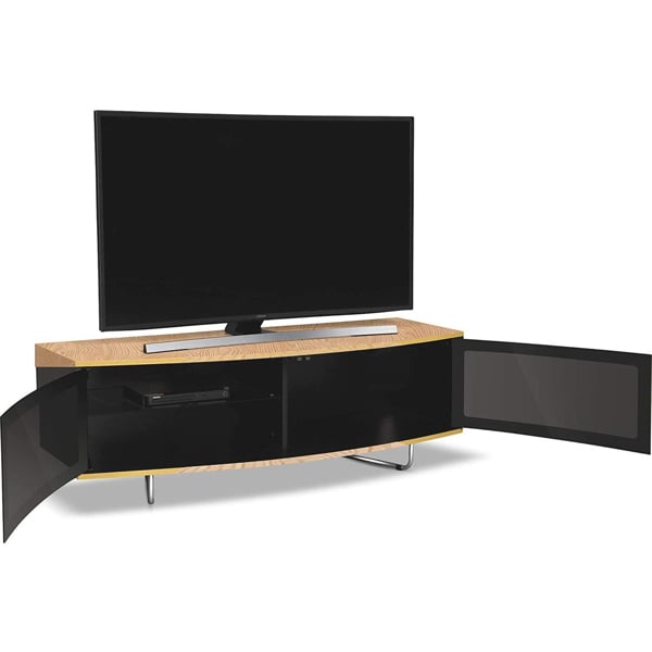 Centurion Supports Caru Gloss Black and Oak Beam-Thru Remote Friendly Super-Contemporary "D" Shape Design 32"-65" LED/OLED/LCD TV Cabinet