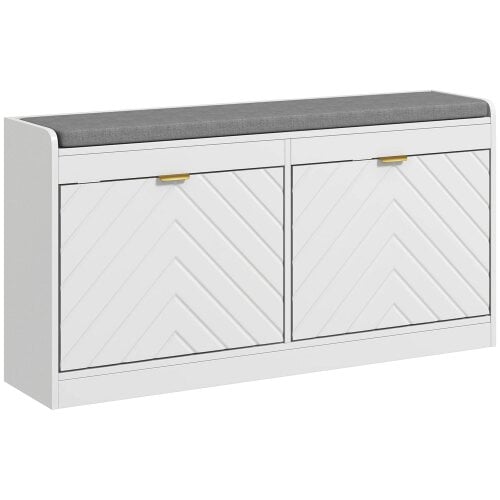 Wyld Haus Kera Wooden White Upholstered Shoe Bench With 2 Flip Drawers and Grey Padded Seat
