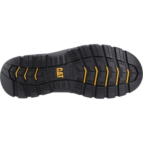 Caterpillar Striver XL Mens Pull On Waterproof S7 Safety Dealer Boots, close-up view of the durable black rubber outsole with yellow accents and tread pattern for slip resistance.