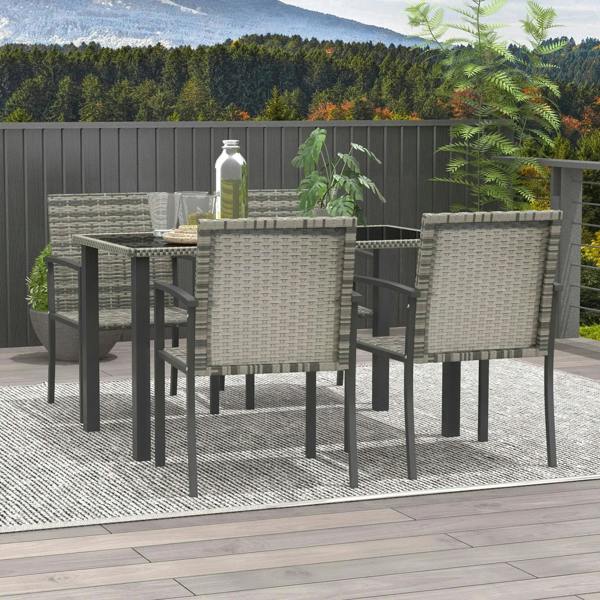 Outdoor dining set with 4 grey woven chairs and black tempered-glass table