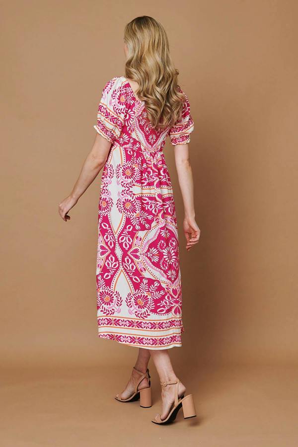 Pink | Printed A-Line Puff Sleeve Midi Dress
