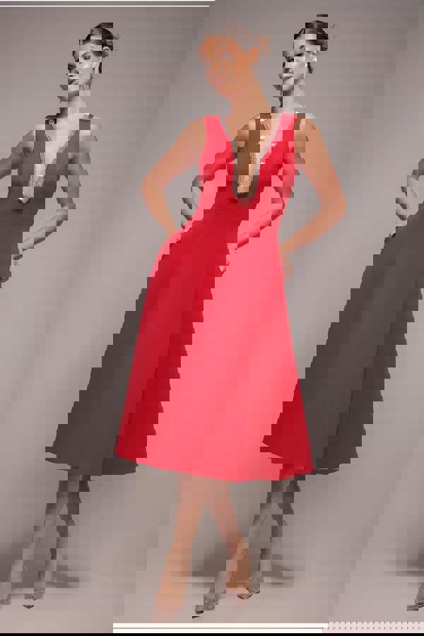 Diamante Embellished Neck A-Line Midi Dress - Red DR4599