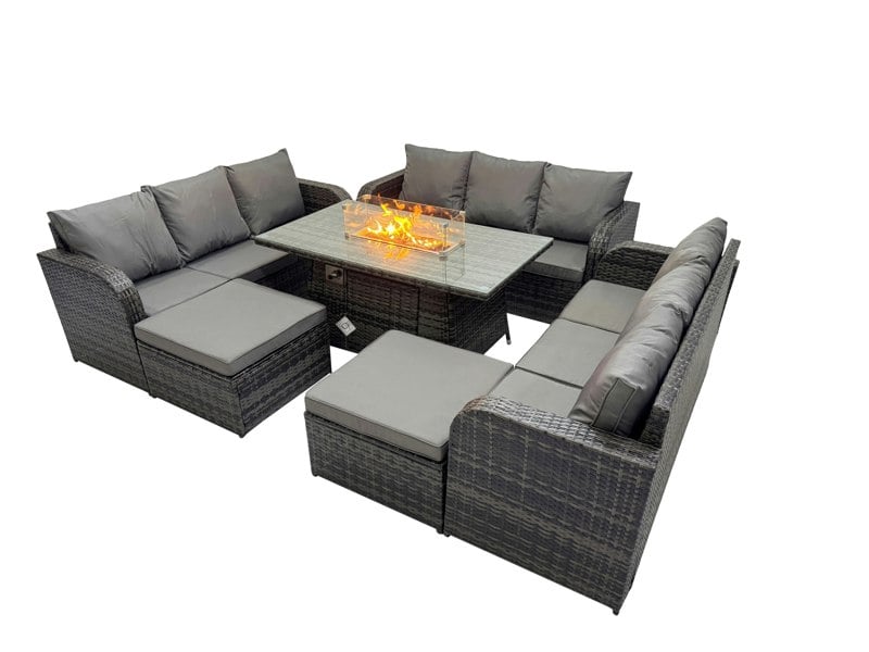 Fimous Rattan Outdoor Furniture Set with Gas Fire Pit Table, 3 Sofas & 2 Large Stools - Dark Grey Mixed