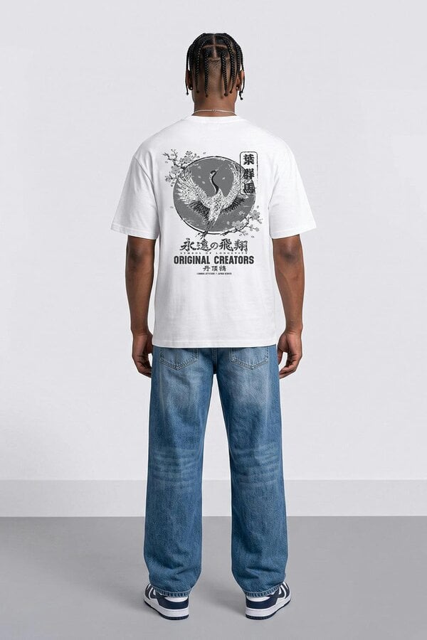 Japanese Crane Oversized Heavyweight Back Print T-Shirt in White