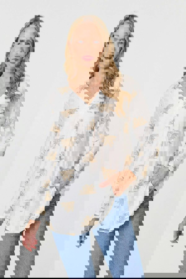 White | Embroidered Pleat 3/4 Sleeve Blouse
