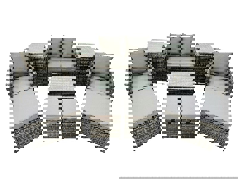 Fimous 8 Seater Rattan Furniture Set with Coffee Table, Sofa, 4 Stools, 2 Chairs & 2 Side Tables - Dark Grey