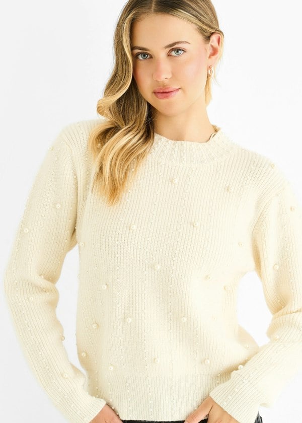 Gini London Cream Pearl Studded High Neck Knit Jumper
