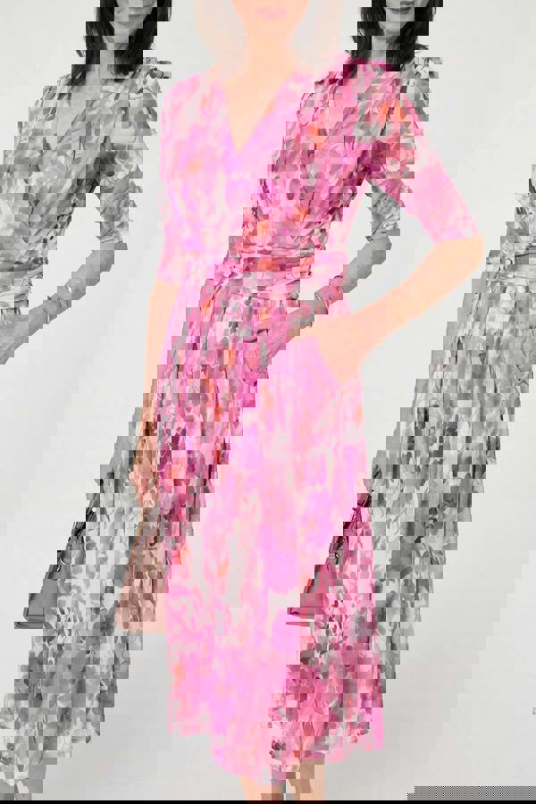 Pink | Printed Mesh Layer Pleat Wrap Midi Dress