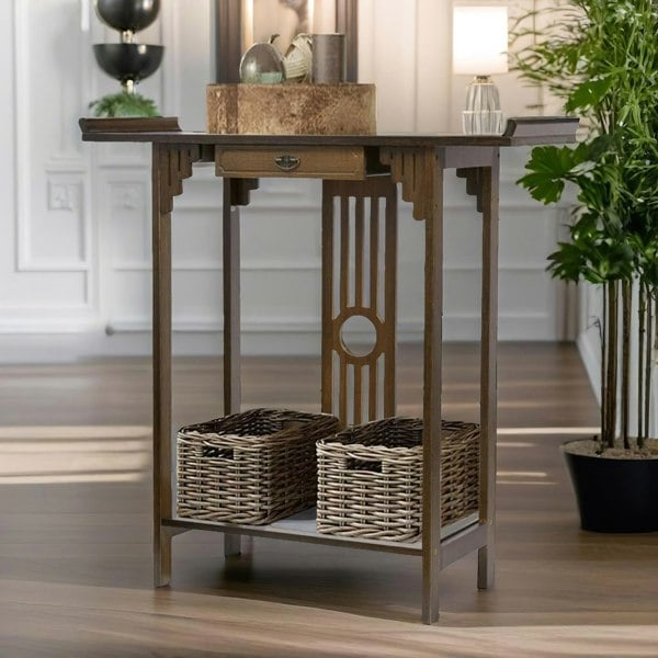 Rafaelo Mobilia Bamboo Slim Console Table With Shelf And Drawer