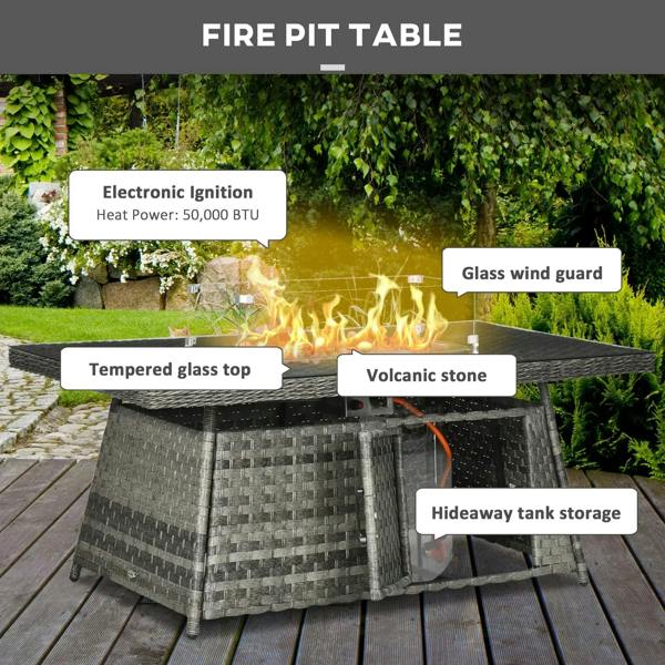 Grey rattan fire pit table with tempered glass top and visible flames