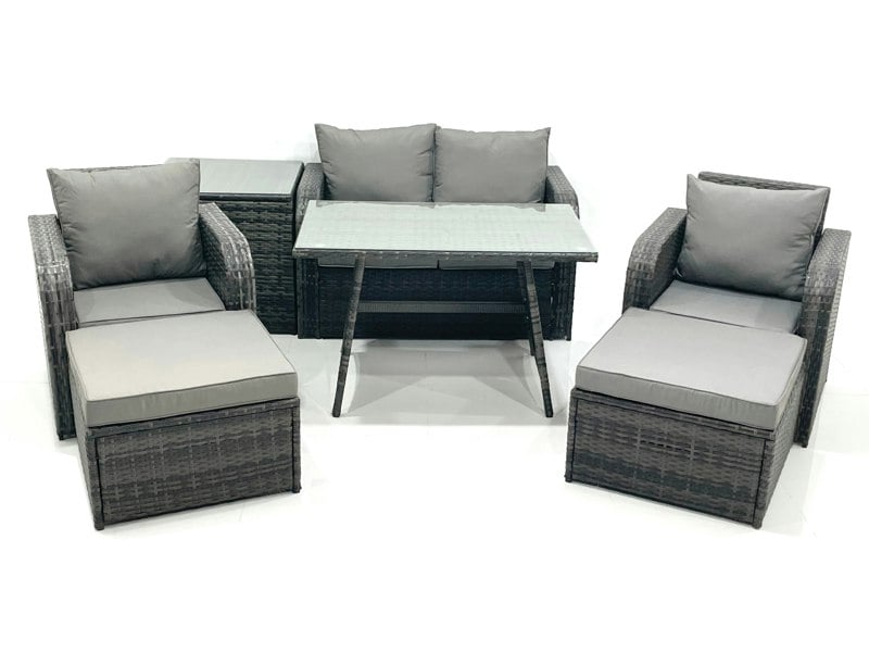 Fimous Outdoor Garden Furniture Set Rattan Sofa Dining Table Set with Reclining Chair 2 Big Footstool Side Table Dark Grey Mixed