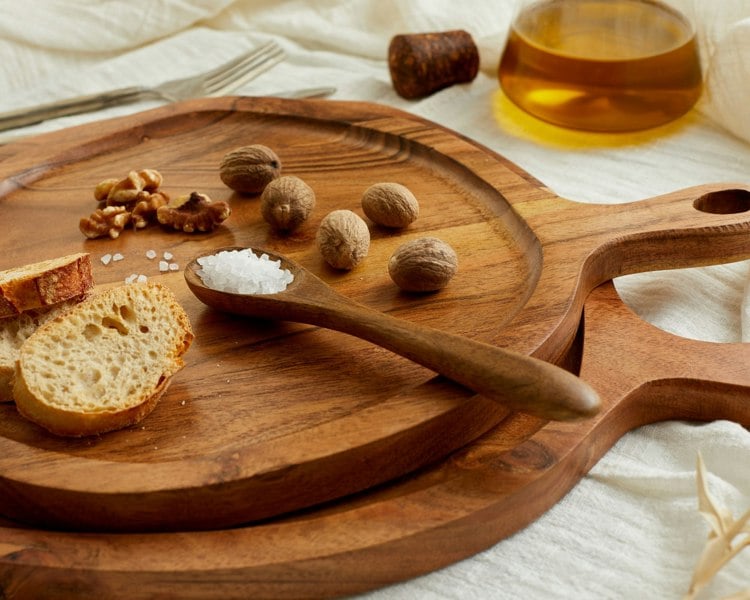 Modern Round Wood Serving Tray with Handles from What a Host Home