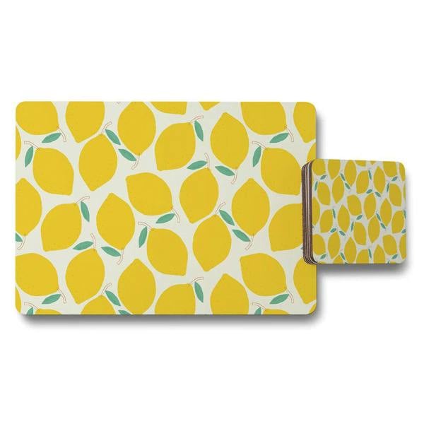Benjamin Tate Design Lemon Pattern Placemat And Coaster Set With Citrus Design