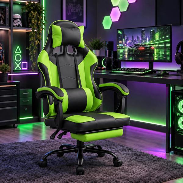 Samuel Alexander Ergonomic Gaming Chair with Footrest and Removable Pillows in Green