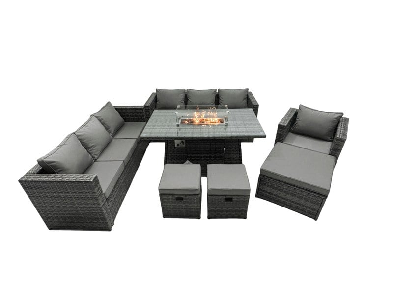 Fimous Rattan Garden Furniture Firepit Dining Set 7 Seater Lounge Sofa Table Set with 3 Footstool