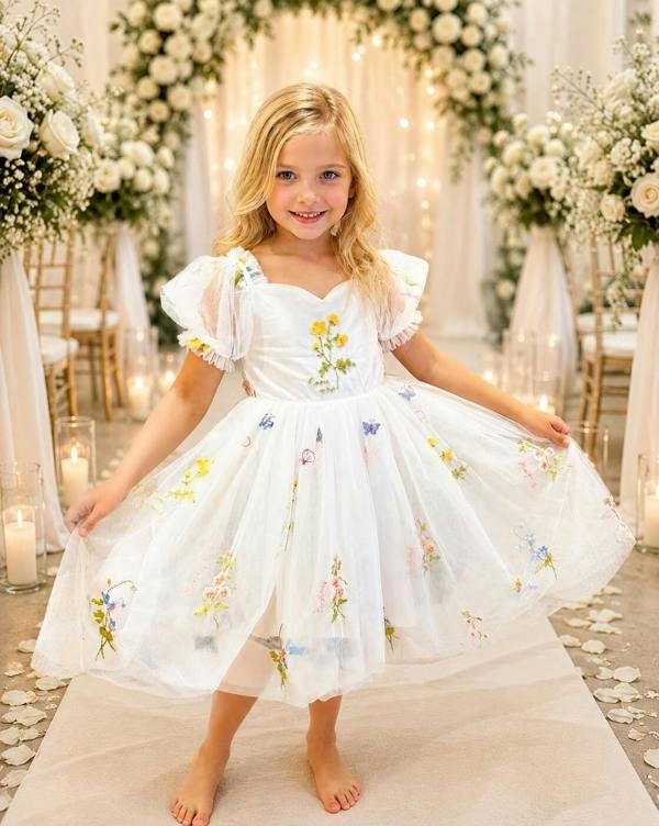 UK Flower Girl Boutique Enchanted Forget Me Not Dress - White