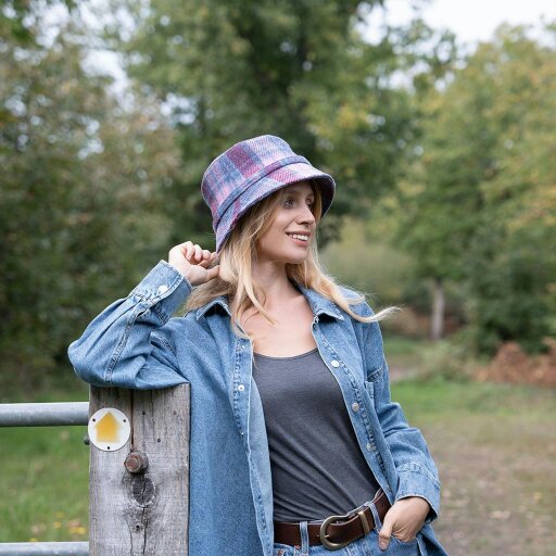 Heather Hats & Accessories Harris Tweed Wide Brimmed Bucket Hat, Cotton Lining, Outdoor Wear, ForgetMeNot Pink