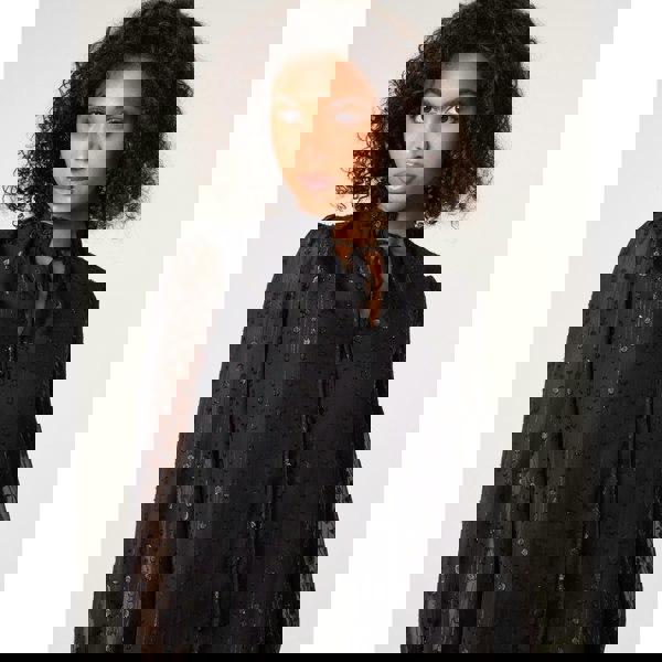 Blue Vanilla Jacquard Button And Tie Front Blouse