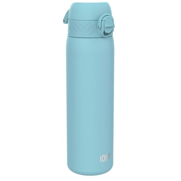 A light-blue water bottle stands upright against a white background. The bottle has a hinged lid and the word "ION8" is subtly printed near the base.