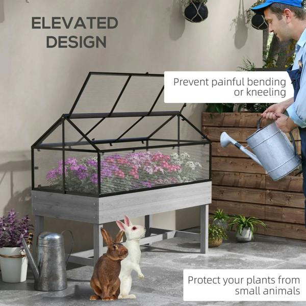 Grey raised garden bed on tall legs with transparent top panels and mesh sides