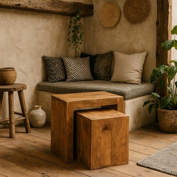 Wyld Haus Set of 2 Manila Light Mango Wood Cube Nesting Tables