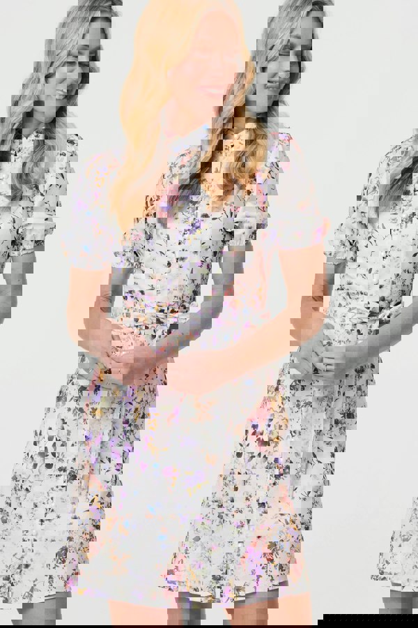 White | Floral High Neck Tie Waist Short Dress
