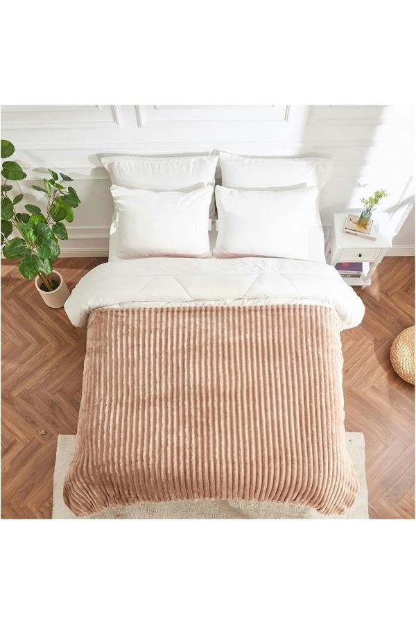 Dyzi Ribbed Jacquard Fleece Bed Blanket Throw 200x240cm Mink