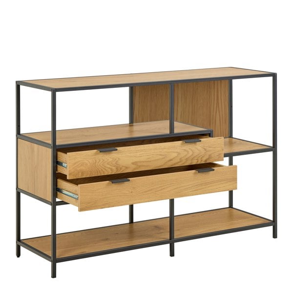 Furniture To Go Seaford Wide Oak Metal Bookcase 2 Drawers and 3 Shelves in Matt Wild Oak