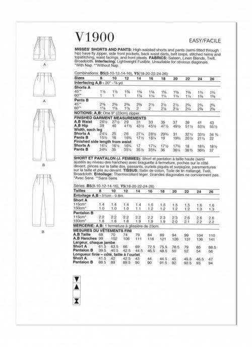 Vogue Sewing Pattern 1900, Shorts, Trousers for Women, B5 (8-10-12-14-16) - Easy