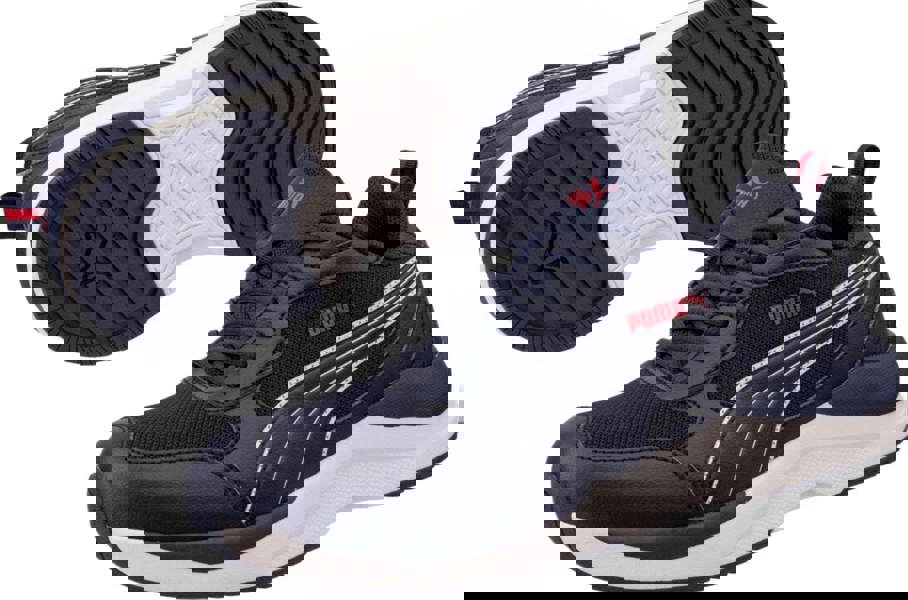 PUMA Safety PUMA Shift S1P Mens Composite Toe Midsole Work Shoes Trainers, navy blue athletic work shoes with synthetic and mesh upper, white midsole, and slip-resistant outsole.