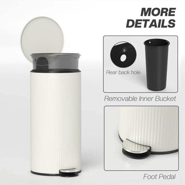 Kitchen Bin, 30 Litre Pedal Rubbish Bin with Removable Bucket, Cream