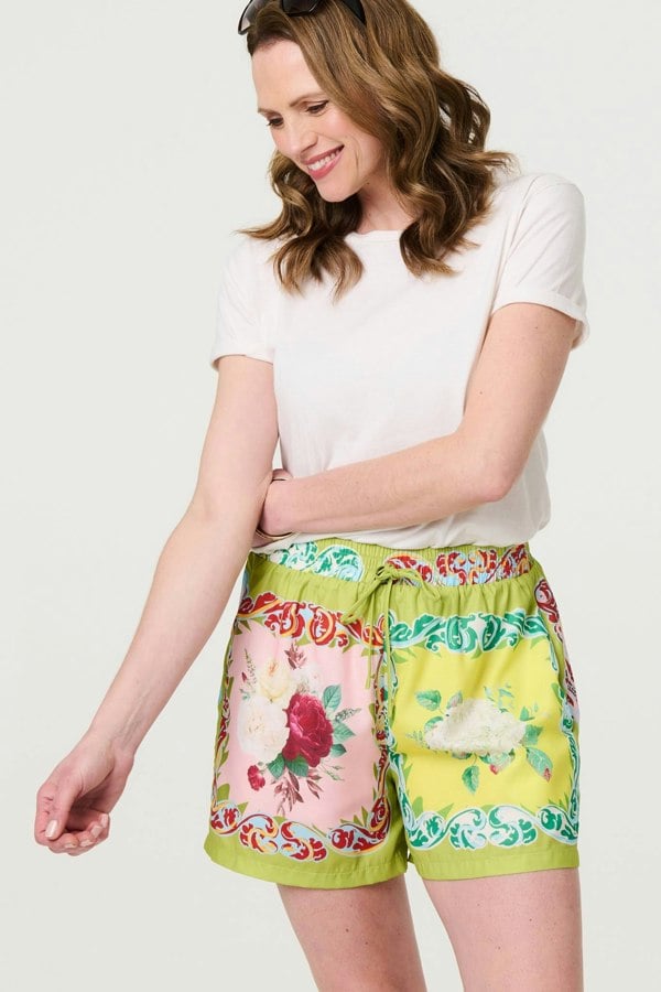 Yellow | Mosaic Print Tie Waist Relaxed Shorts
