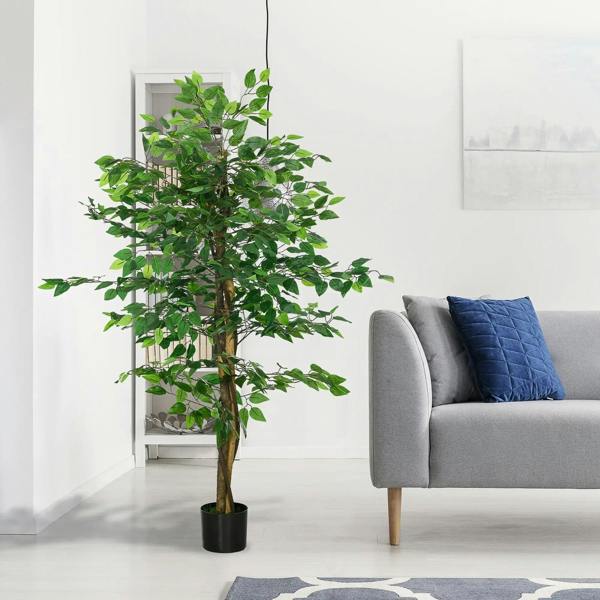Green artificial ficus tree with tall branching canopy and dark pot